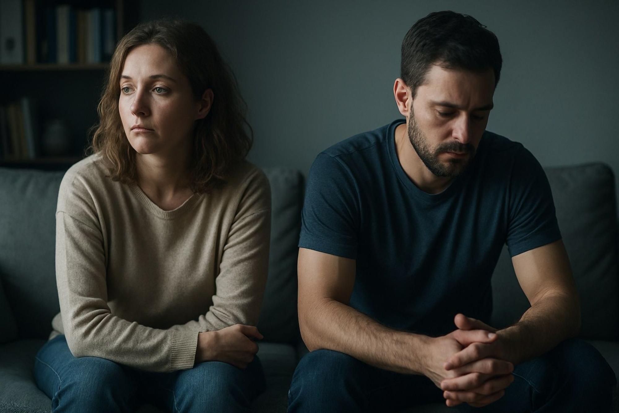 Ein Paar sitzt schweigend auf dem Sofa, beide wirken innerlich erschöpft und distanziert – ein stilles Bild über mentale Belastung in Beziehungen.