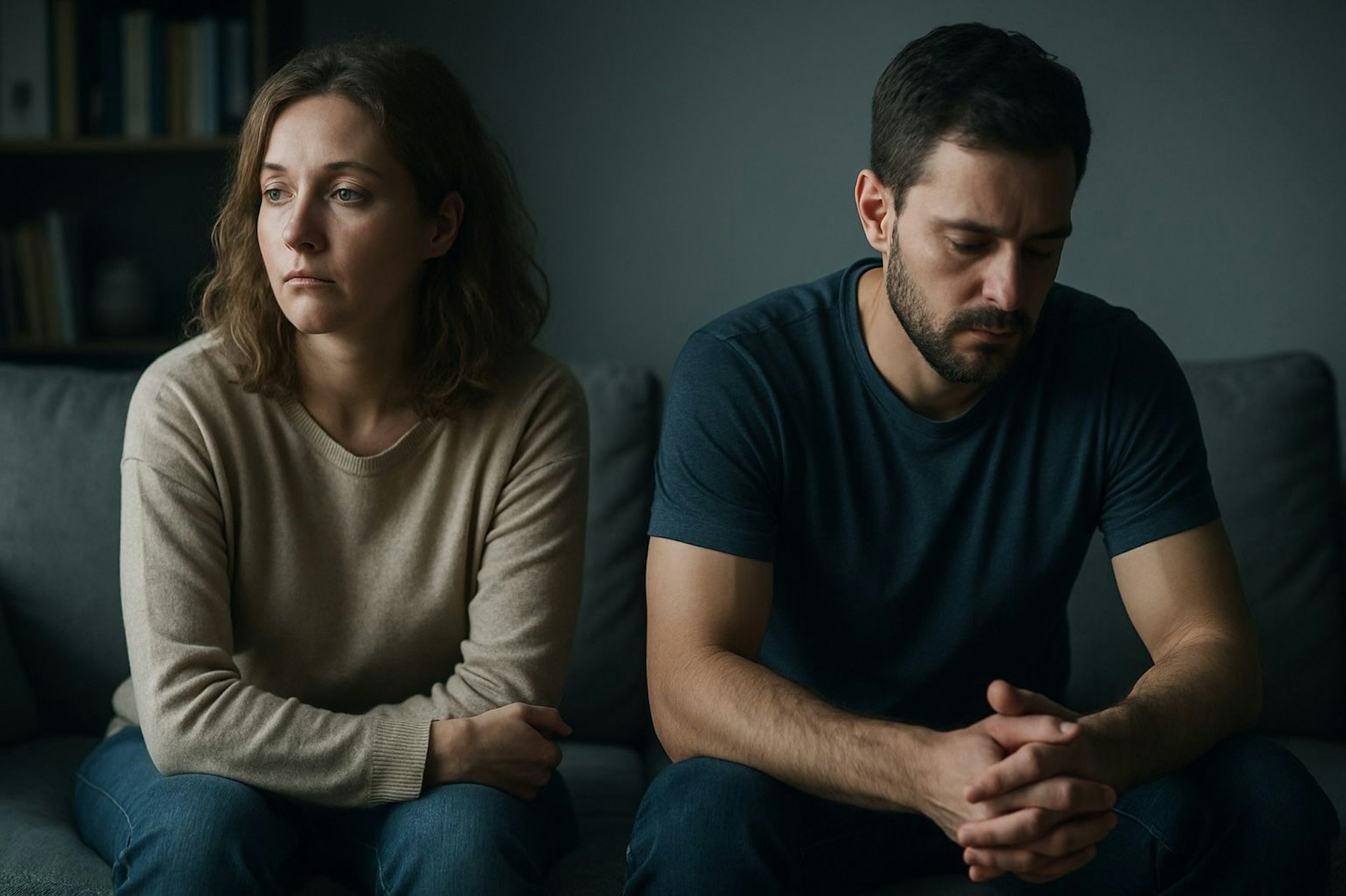Ein Paar sitzt schweigend auf dem Sofa, beide wirken innerlich erschöpft und distanziert – ein stilles Bild über mentale Belastung in Beziehungen.