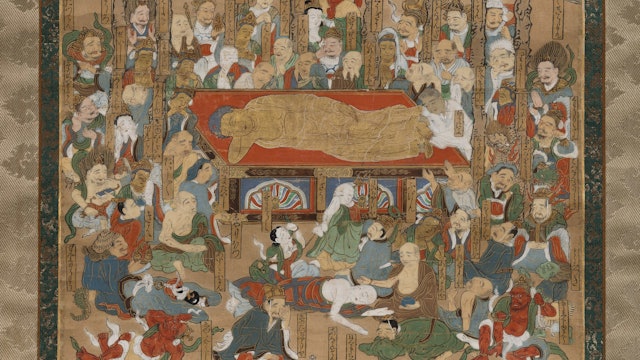 Eine Menge betrauert einen toten Buddha.