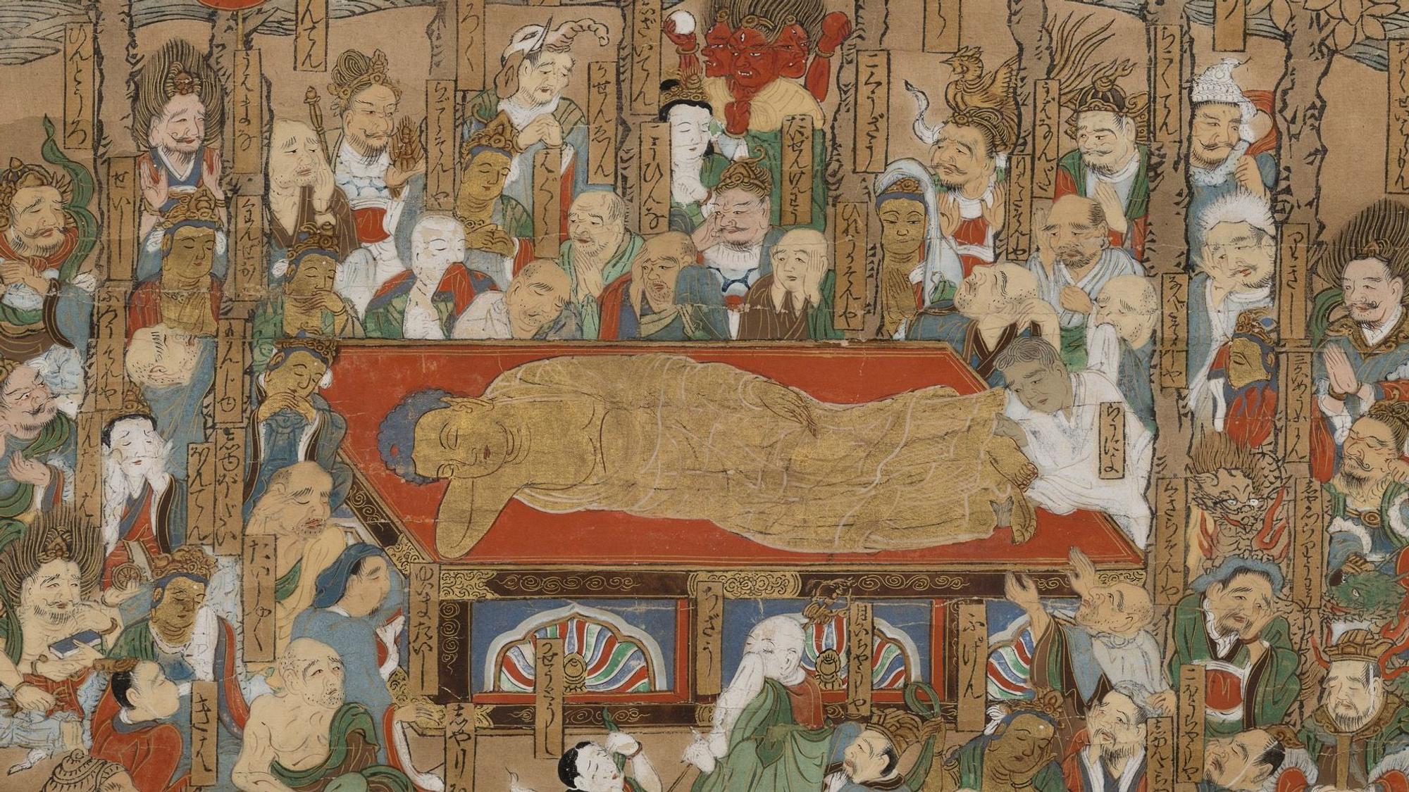 Eine Menge betrauert einen toten Buddha.