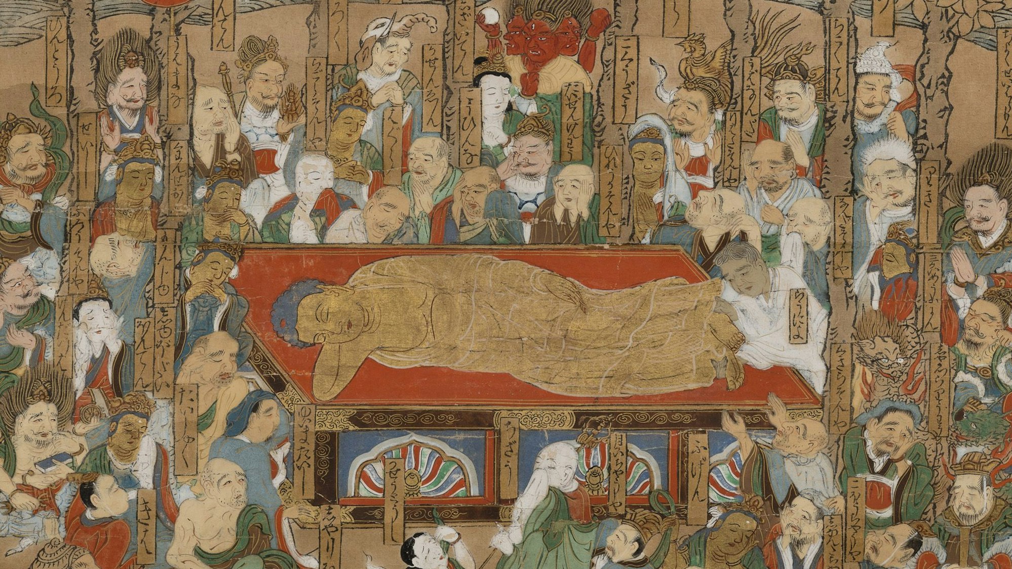 Eine Menge betrauert einen toten Buddha.