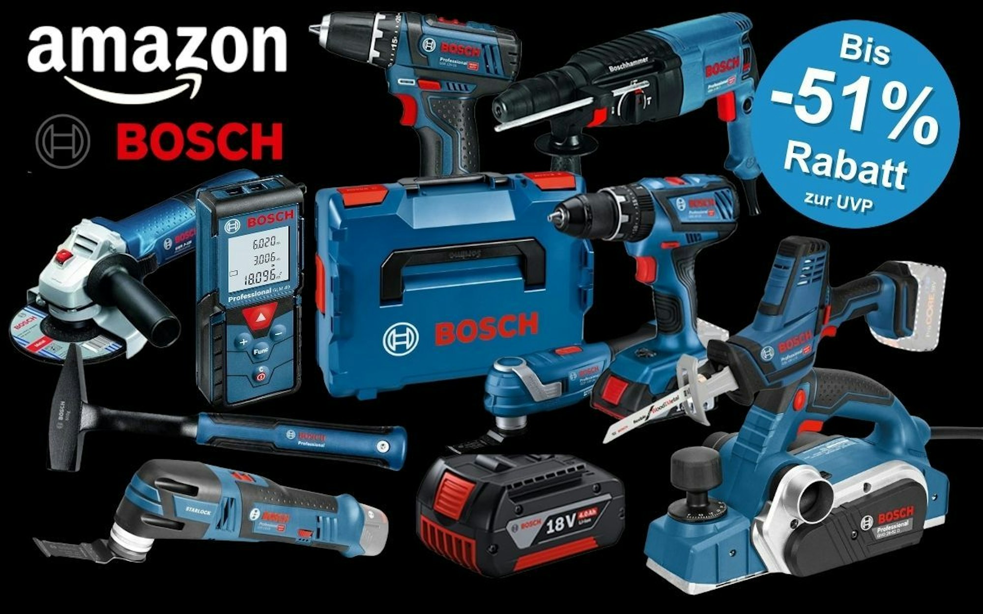 Bosch Professional Werkzeug vor schwarzem Hintergrund. Dabei Akkubohrschrauber, Laser Entfernungsmesser, Hammer, Schlagbohrmaschine, Winkelschleifer, Werkzeugkoffer, Säbelsäge, Elektrohobel.