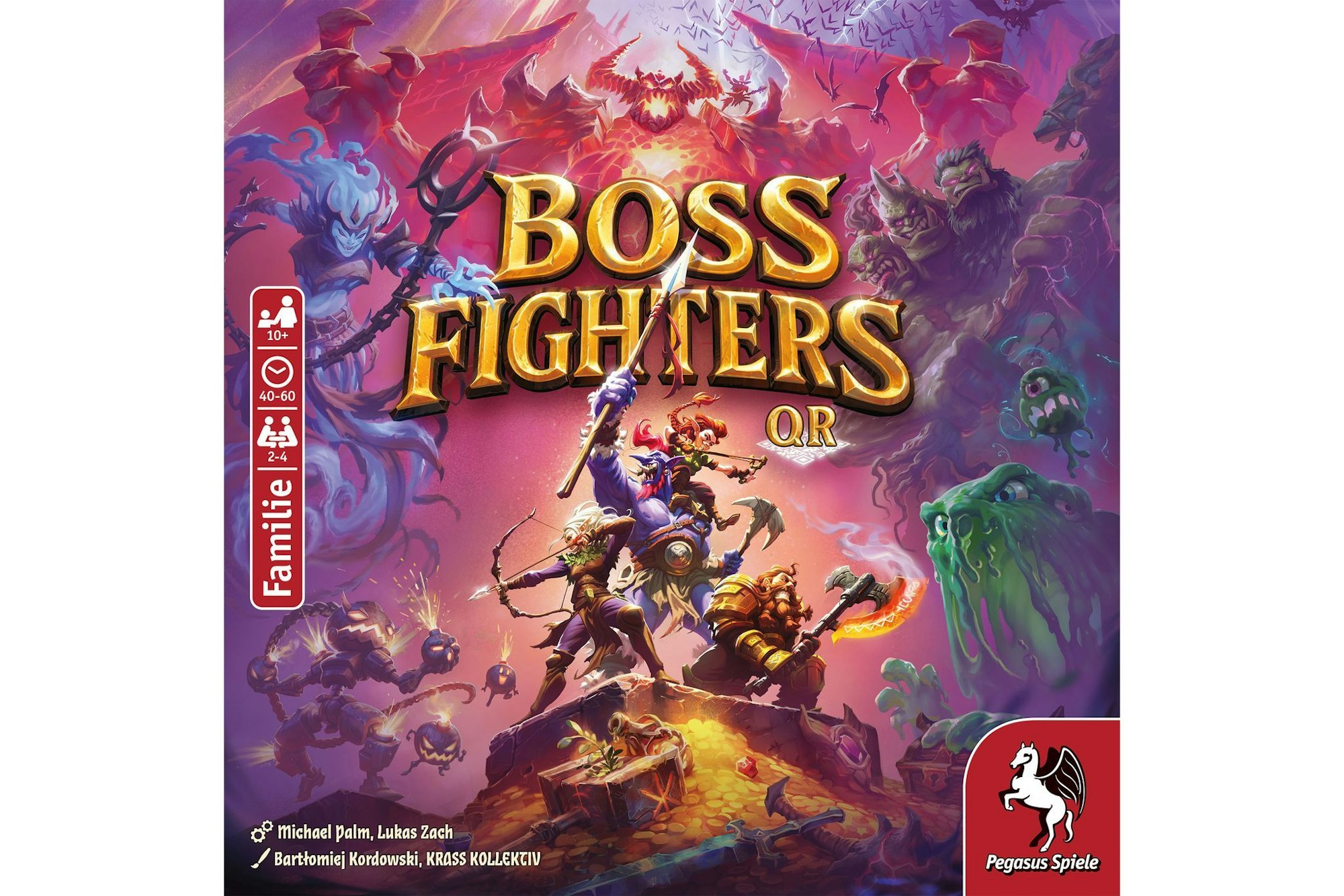 «Boss Fighters QR»: Bis zu 4 Spielende ab 10 Jahren jagen verschiedene Monster. Eine Runde dauert zwischen 40 und 60 Minuten. Eine App steht zwar im Mittelpunkt, das analoge Spiel kommt aber nicht zu kurz.
