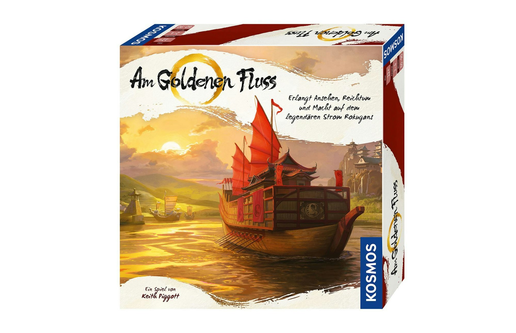 Ein golden glänzender Fluss schlängelt sich über den Spielplan von «Am Goldenen Fluss». Das Spiel für 2 bis 4 Spielende ab 12 Jahren dauert bis zu eineinhalb Stunden.