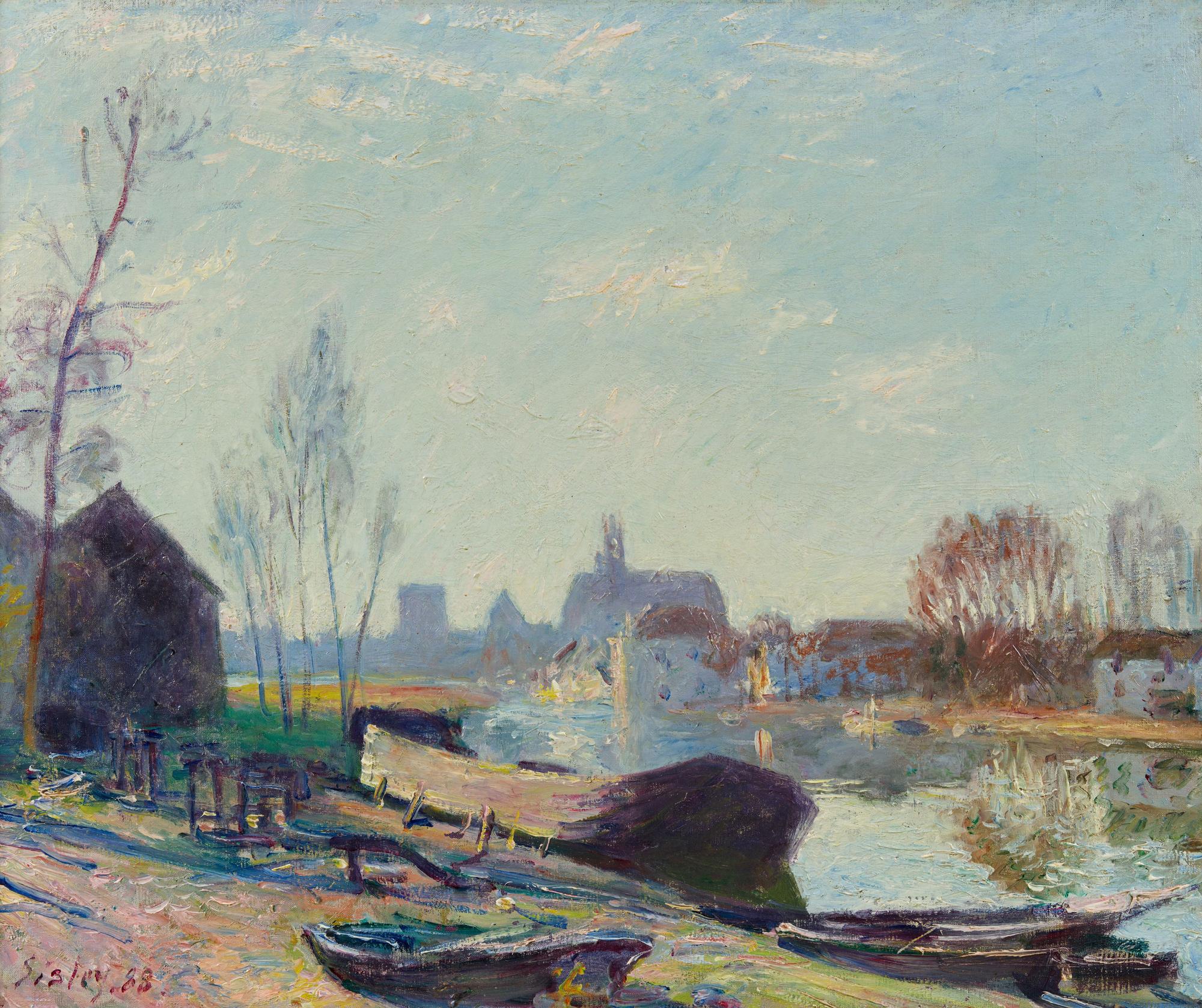 Das Gemälde zeigt eine Flusslandschaft mit Booten und Kähnen.