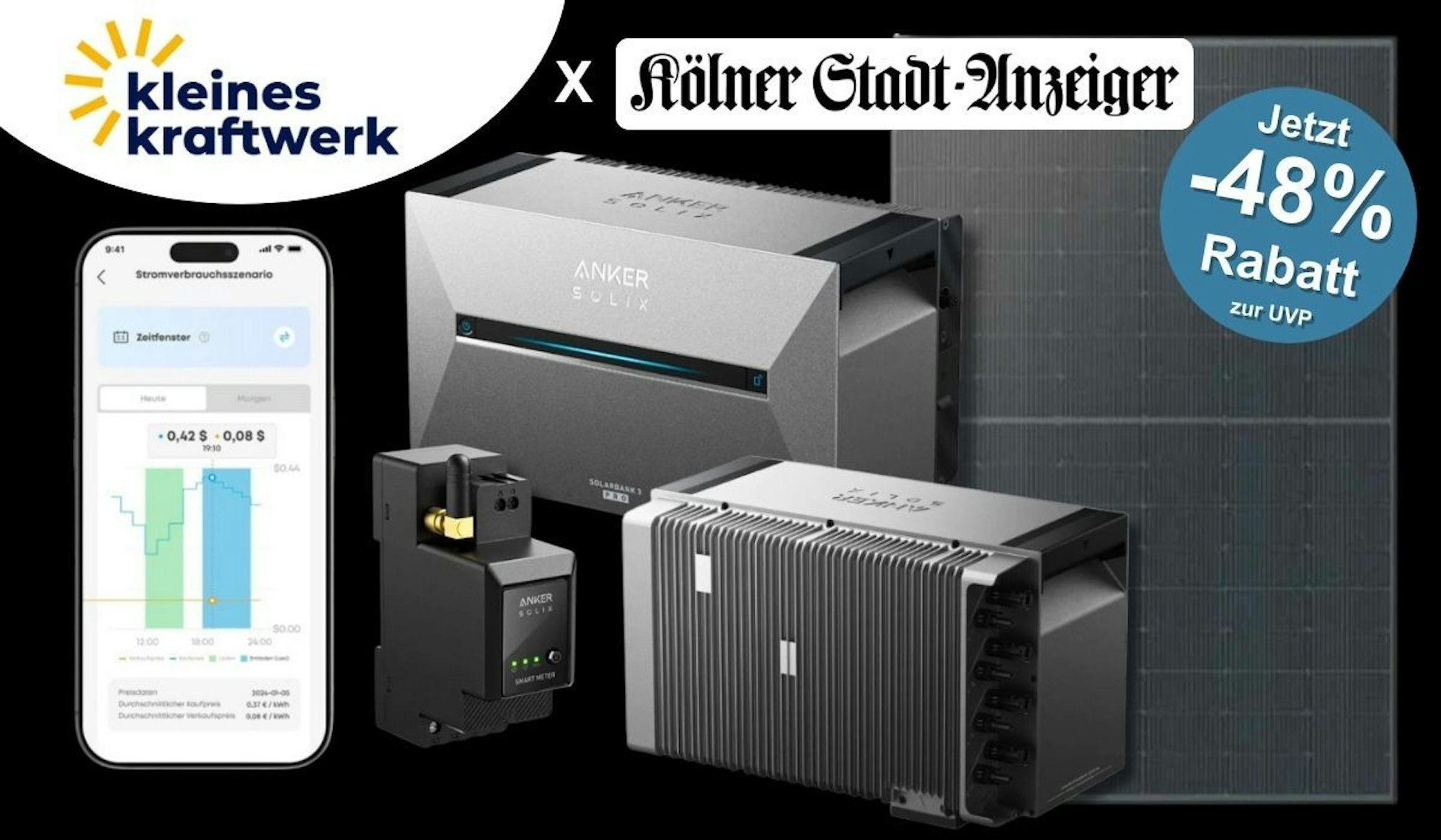 Kleines Kraftwerk Balkonkraftwerk XL 2000Wp Quattro mit optionaler Halterung und der Anker Solix Solarbank 3 E2700 Pro vor schwarzem Hintergrund.