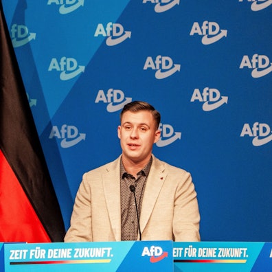 Jean-Pascal Hohm, Chef der neuen AfD Jugendorganisation „Generation Deutschland“, spricht auf der Gründungsveranstaltung.