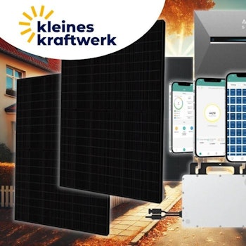 Kleines Kraftwerk Balkonkraftwerk Panele mit Smartphone Apps und Anker Solix Solarbank Speicher vor einer herbstlichen Wohngegend mit Einfamilienhäusern.