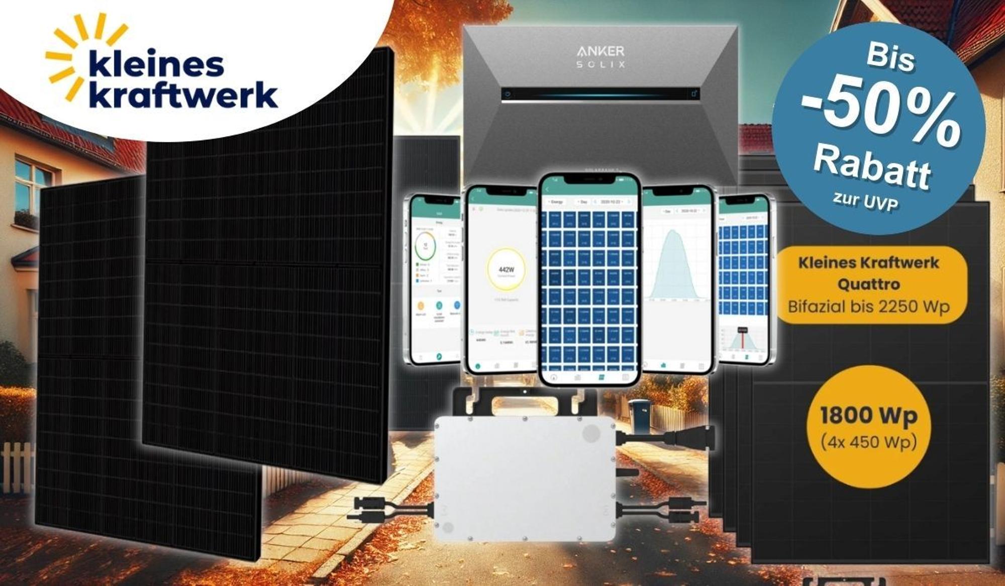 Kleines Kraftwerk Balkonkraftwerk Panele mit Smartphone Apps und Anker Solix Solarbank Speicher vor einer herbstlichen Wohngegend mit Einfamilienhäusern.