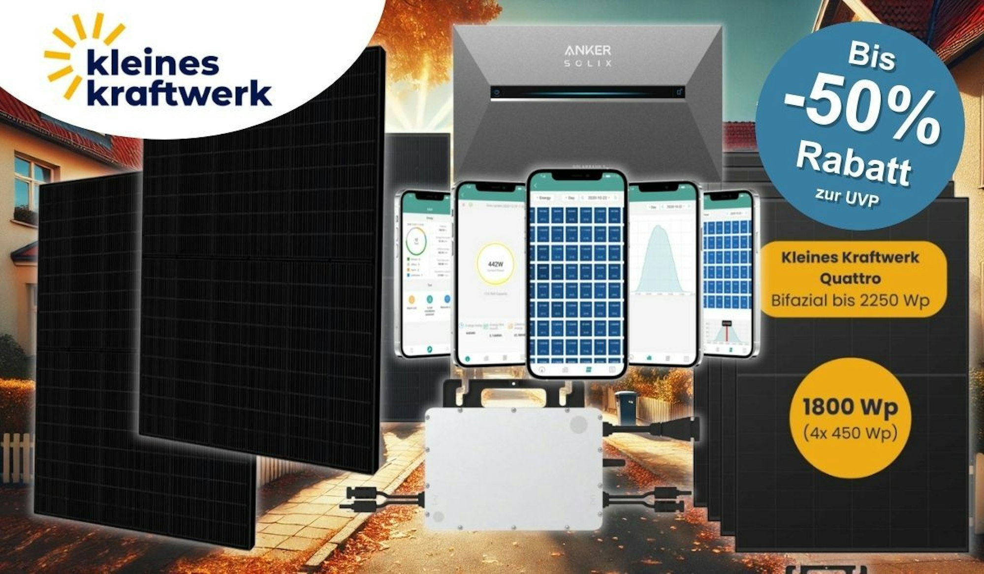 Kleines Kraftwerk Balkonkraftwerk Panele mit Smartphone Apps und Anker Solix Solarbank Speicher vor einer herbstlichen Wohngegend mit Einfamilienhäusern.