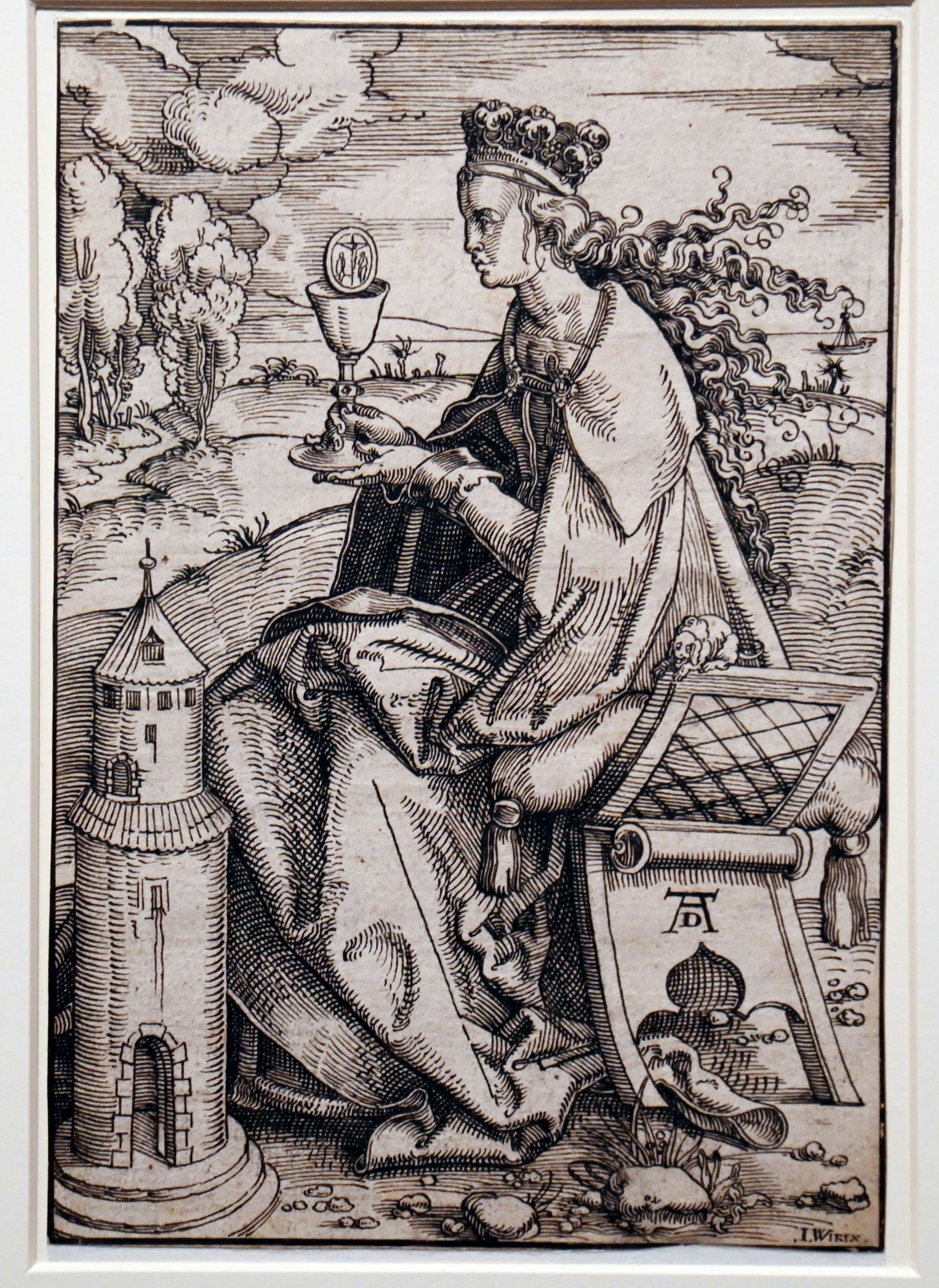Die heilige Barbara, Zeichnung um 1572/75 nach einer Holzschnitt-Vorlage von Hans Baldung Grien, fälschlich versehen mit dem Monogramm Albrecht Dürers (rechts)