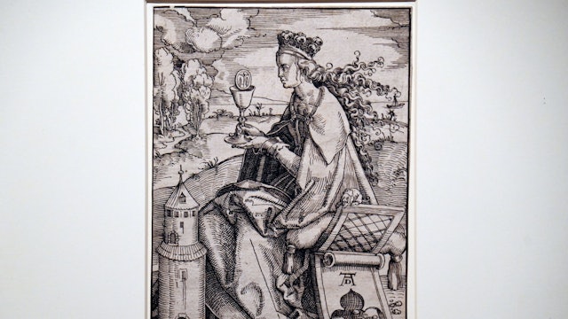 Zeichnung der heiligen Barbara im Stil eines Holzschnitts mit falschem Dürer-Monogramm (Wallraf-Richartz-Museum Köln)