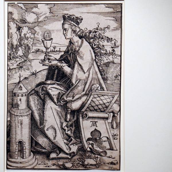 Zeichnung der heiligen Barbara im Stil eines Holzschnitts mit falschem Dürer-Monogramm (Wallraf-Richartz-Museum Köln)