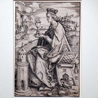 Zeichnung der heiligen Barbara im Stil eines Holzschnitts mit falschem Dürer-Monogramm (Wallraf-Richartz-Museum Köln)