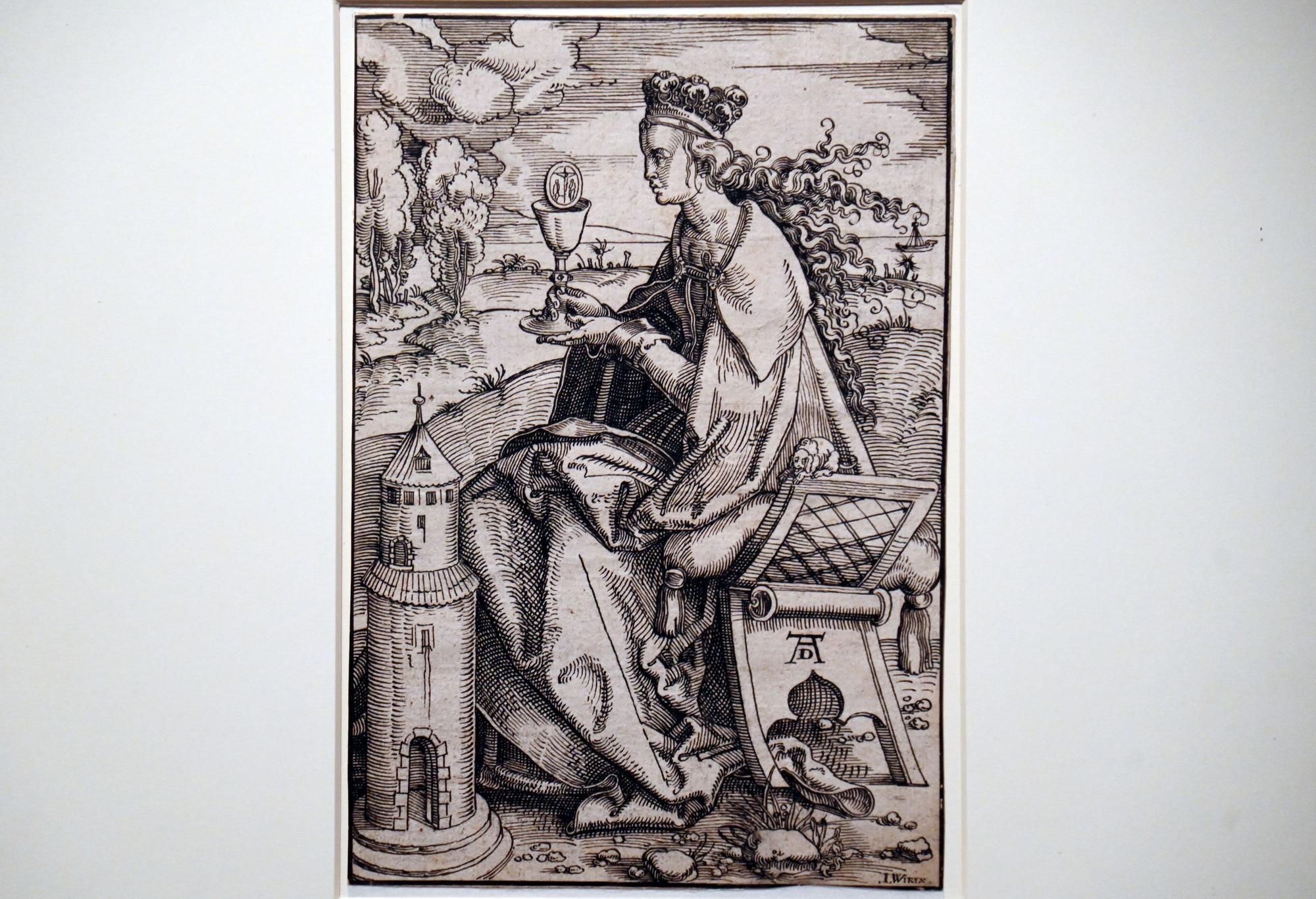 Zeichnung der heiligen Barbara im Stil eines Holzschnitts mit falschem Dürer-Monogramm (Wallraf-Richartz-Museum Köln)
