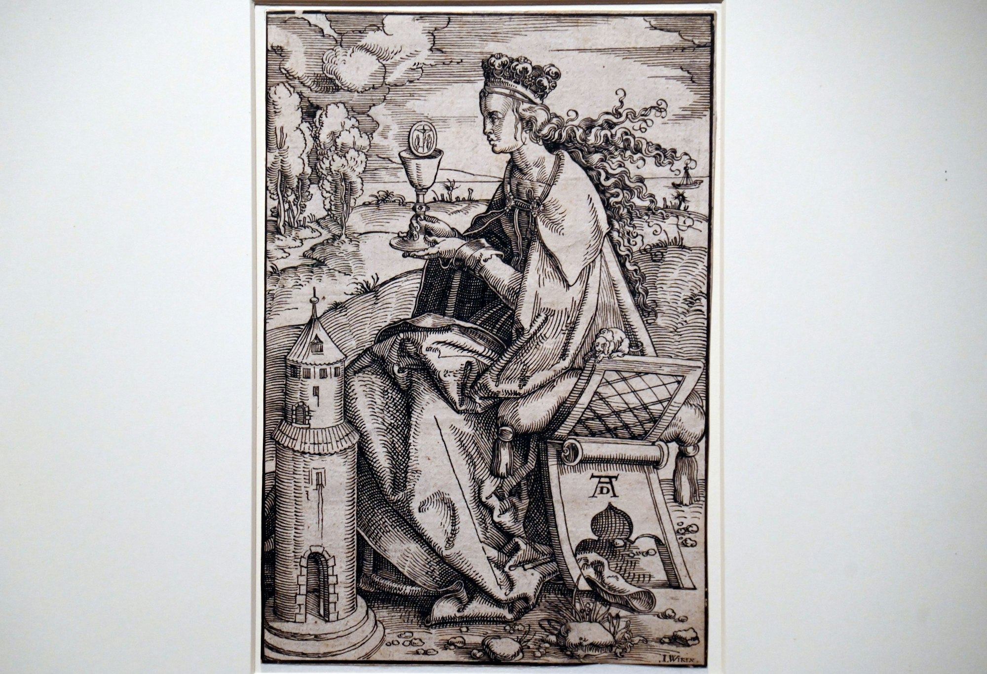 Zeichnung der heiligen Barbara im Stil eines Holzschnitts mit falschem Dürer-Monogramm (Wallraf-Richartz-Museum Köln)