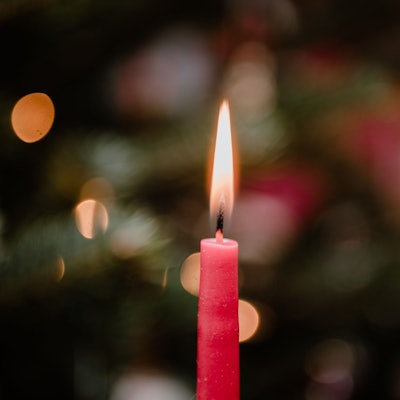 24.12.2020 Eine Kerze brennt an Heiligabend an einem Weihnachtsbaum.