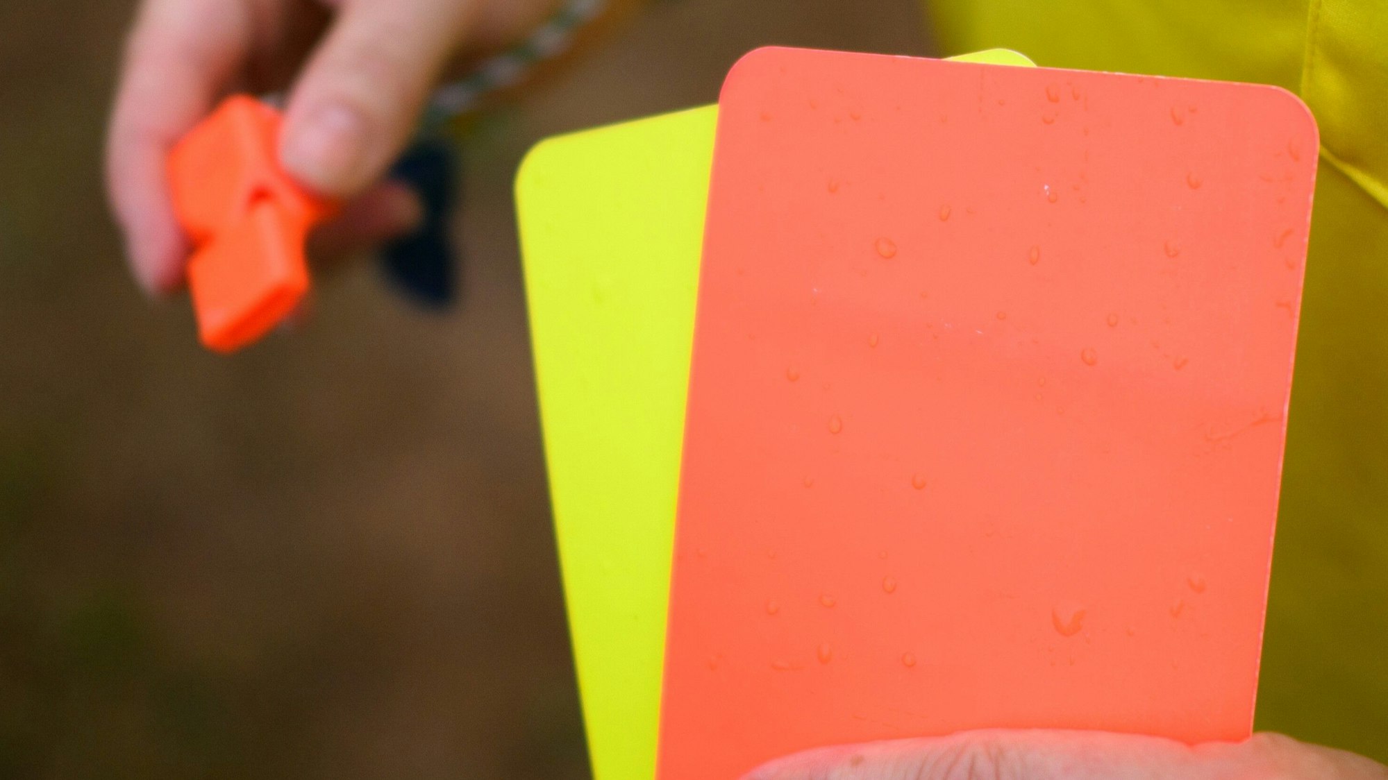 Eine Schiedsrichterin, steht mit roter und gelber Karte auf einem Rasen und hält in der anderen Hand eine Trillerpfeife.