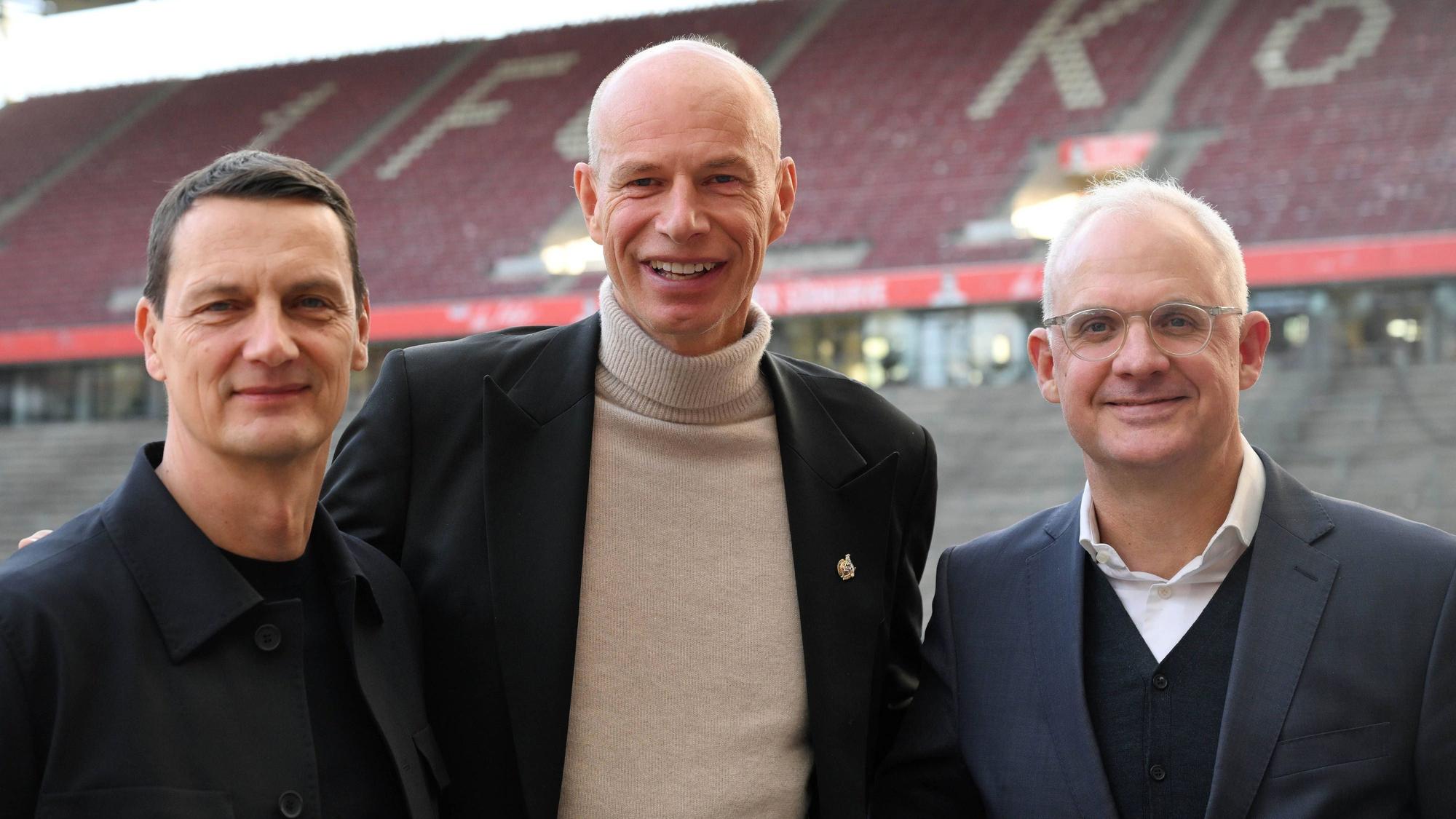 Ulf Sobek, Jörn Stobbe und Jörg Alvermann (v.l.) am Montag im Rhein-Energie-Stadion