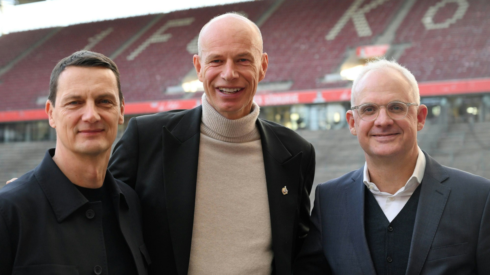 Ulf Sobek, Jörn Stobbe und Jörg Alvermann (v.l.) am Montag im Rhein-Energie-Stadion