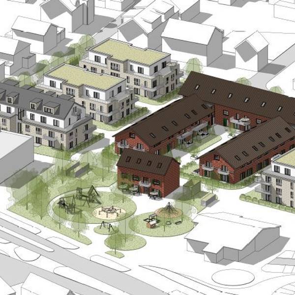 Im Mittelteil des früheren Steiferhofs erkennt man die u-förmige Fläche, die für das Wohnen von Senioren genutzt werden könnte. Davor das Herrenhaus mit dem großzügigen Spielplatz, links und rechts entstehen neue Wohnhäuser.