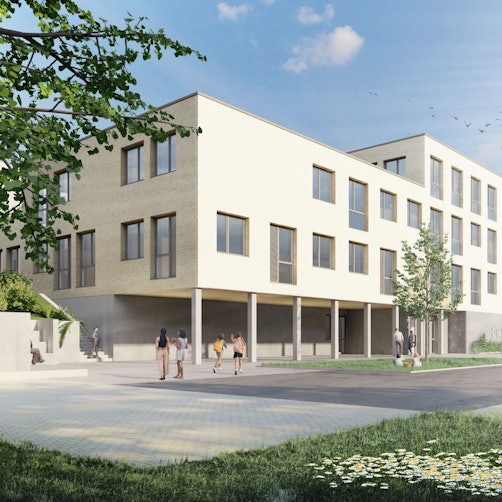 Die Visualisierung eines geplanten Gebäudes.
