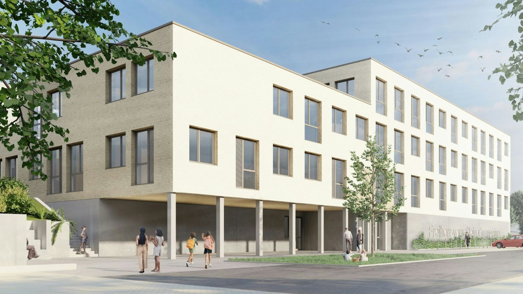 Eine Visualisierung zeigt, wie der Erweiterungsbau für das Freiherr-vom-Stein-Gymnasium Rösrath nach Abschluss der Bauarbeiten aussehen soll.