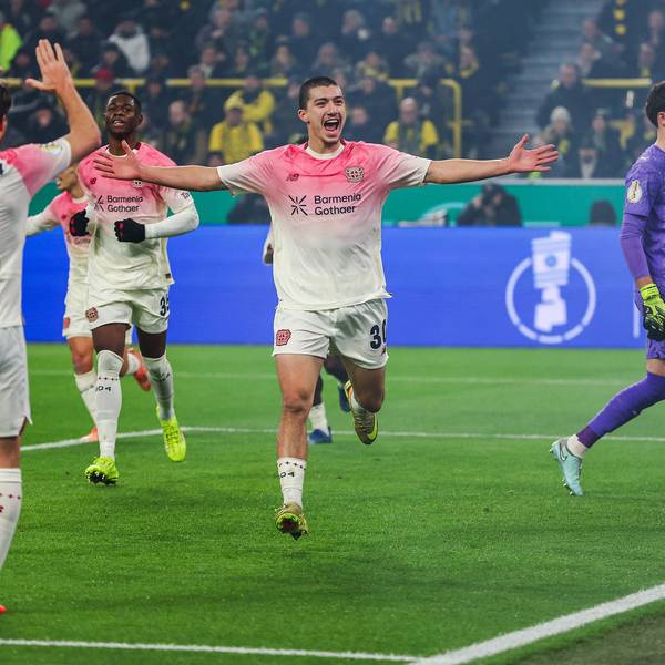 Fußball DFB Pokal - Borussia Dortmund - Bayer 04 Leverkusen am 02.12.2025 im Signal Iduna Park in Dortmund Jubel, Torjubel, Torschuetze, Torschütze Ibrahim Maza Leverkusen 30 jubelt nach seinem Tor zum 0 zu 1 *** Soccer DFB Cup Borussia Dortmund Bayer 04 Leverkusen on 02 12 2025 at the Signal Iduna Park in Dortmund Cheering, goal celebration, goal scorer, goal scorer Ibrahim Maza Leverkusen 30 cheers after his goal to 0 to 1 MH