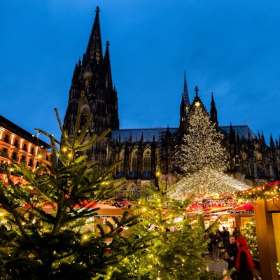 Der Weihnachtsmarkt am Kölner Dom Markt der Herzen am Roncalliplatz mit viel Tannengrün und beleuchteten Ständen.