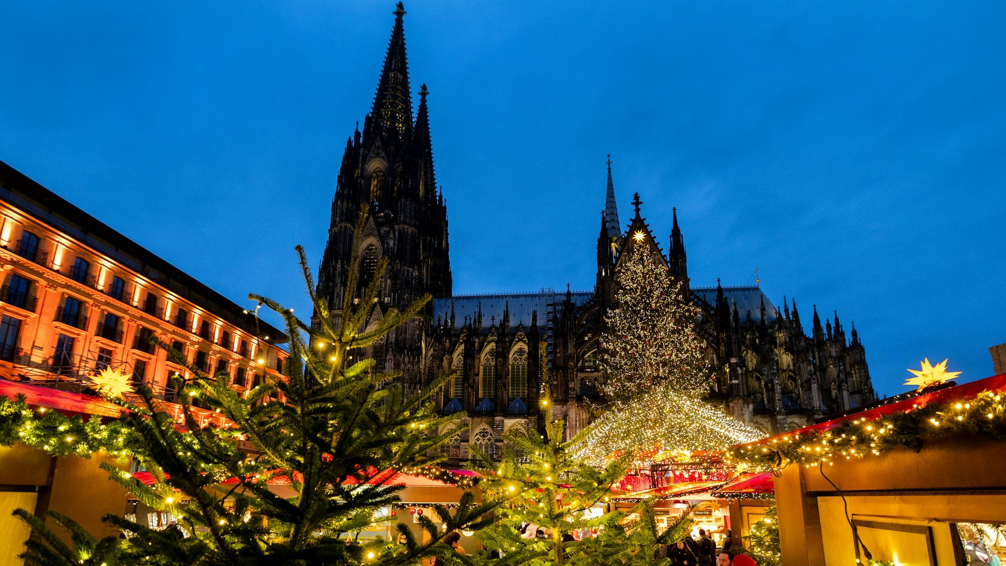 Der Weihnachtsmarkt am Kölner Dom Markt der Herzen am Roncalliplatz mit viel Tannengrün und beleuchteten Ständen.