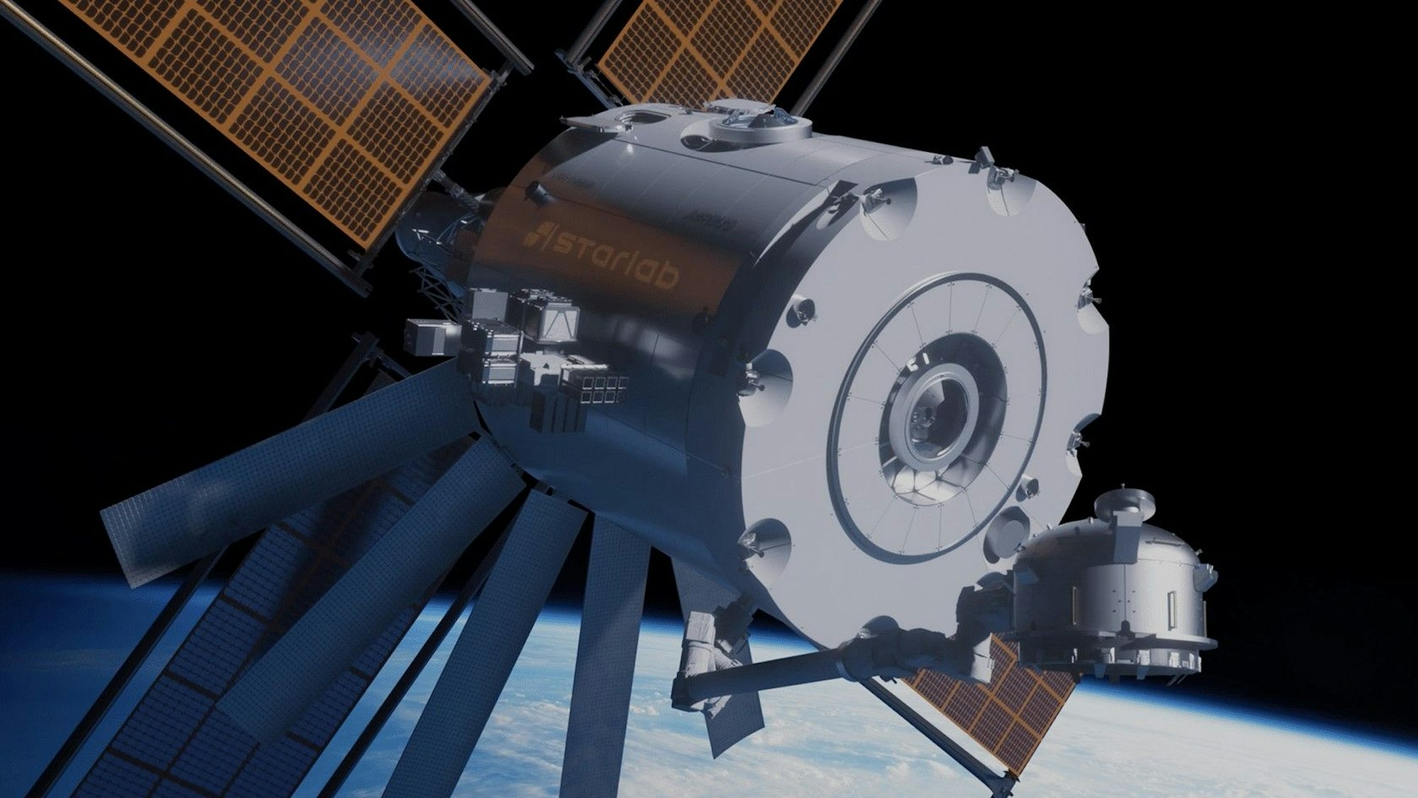 Entwurf der Raumstation Starlab - ein großes rundes Gebilde mit Flügeln vor schwarzem Himmel und blauer Erde