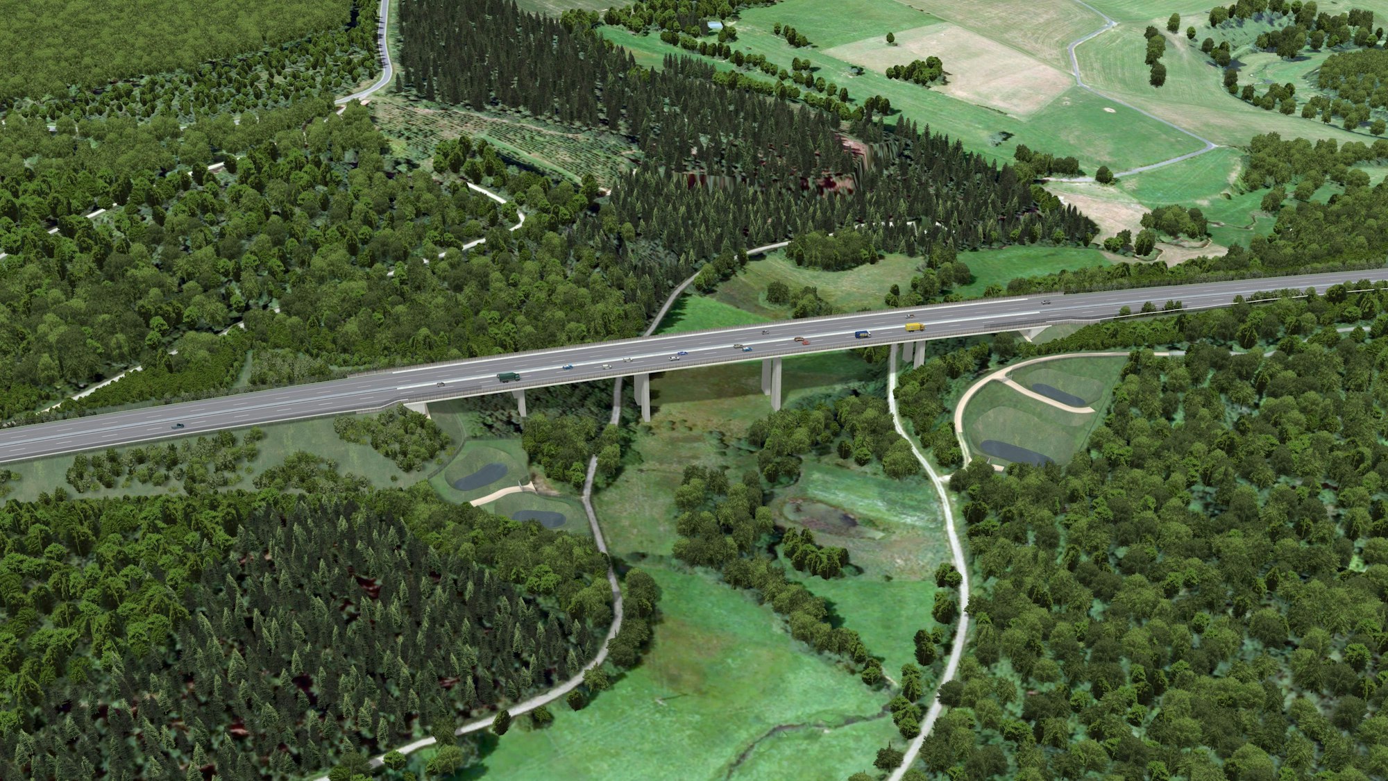 Die Visualisierung zeigt einen Planungsentwurf für die Talbrücke Nohnerbach der A1 in der Eifel.