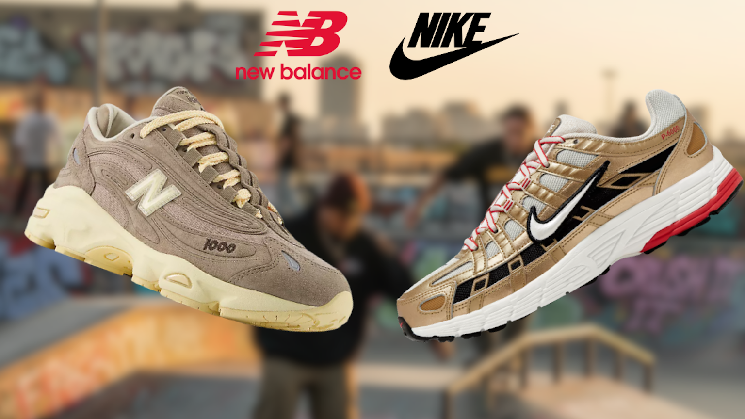 Collage des New Balance 1000 Sneakers vor einem stilisierten Hintergrund.