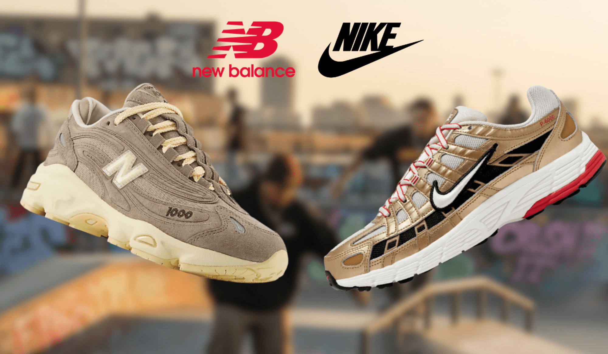 Collage des New Balance 1000 Sneakers vor einem stilisierten Hintergrund.