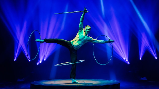 Das Bild zeigt einen Artisten im Zirkus, der 4 Reifen an seinen Armen uns Beinen schwingt.