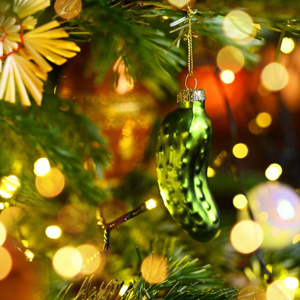 Weihnachtsgurke hängt an einem Weihnachtsbaum