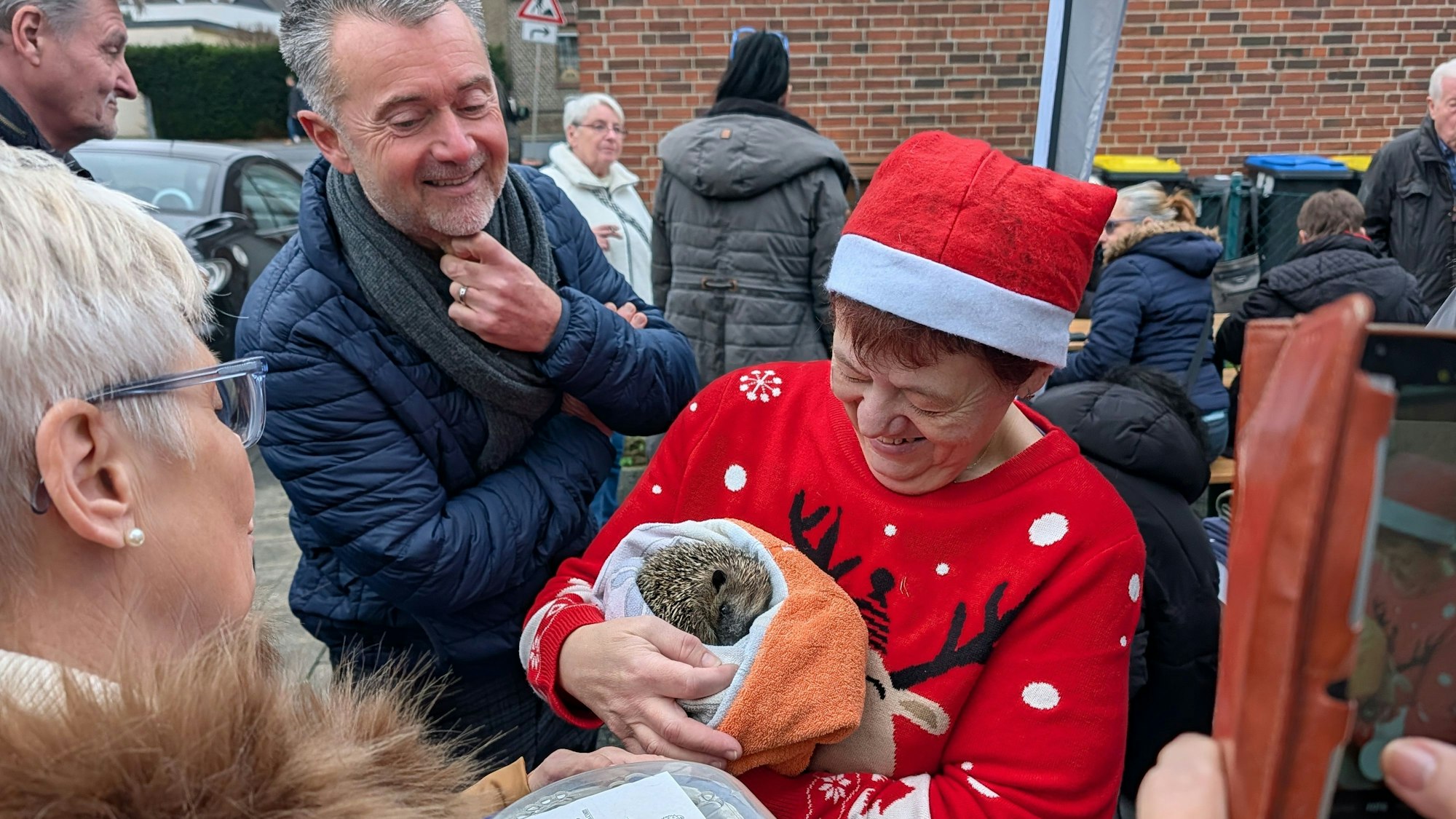 Das Foto zeigt Manuela Hilgert mit Nikolausmütze und Weihnachtspullover und einem in ein Handtuch gewickelten Igel.