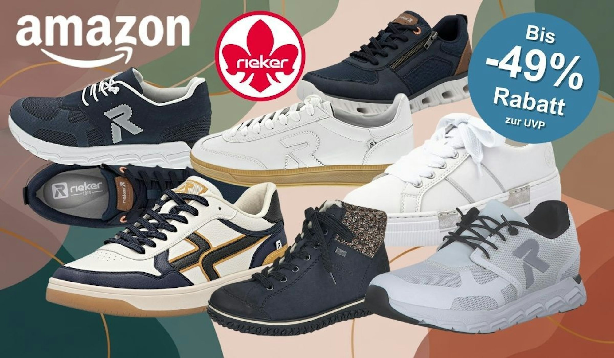 Rieker Sneaker und 'Schuhe in verschiedenen Ausführungen vor einem farbigen Hintergrund.