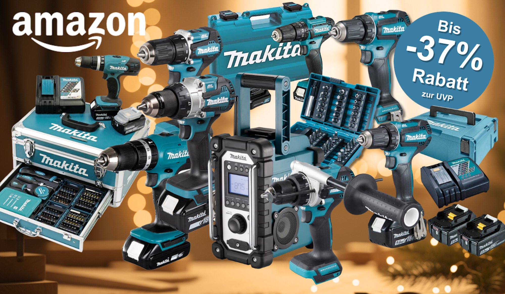 Makita Akku-Bohrschrauber und Akku-Schlagbohrschrauber vor einem Hintergrund mit weihnachtlichen Lichtern.