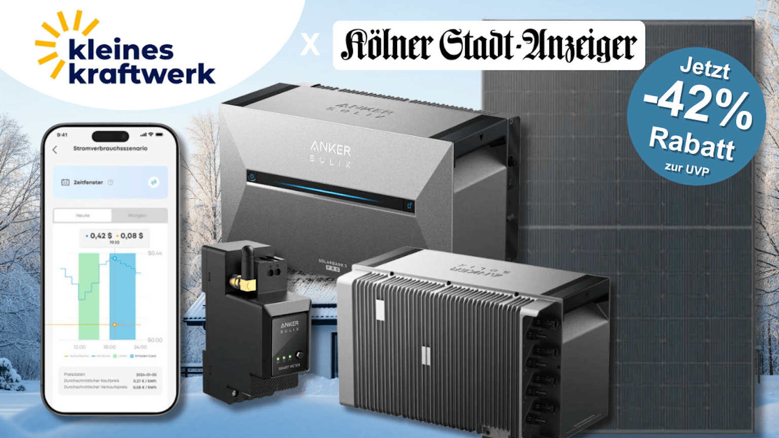 Kleines Kraftwerk Balkonkraftwerk XL 2000Wp Quattro mit optionaler Halterung und der Anker Solix Solarbank 3 E2700 Pro vor schwarzem Hintergrund.