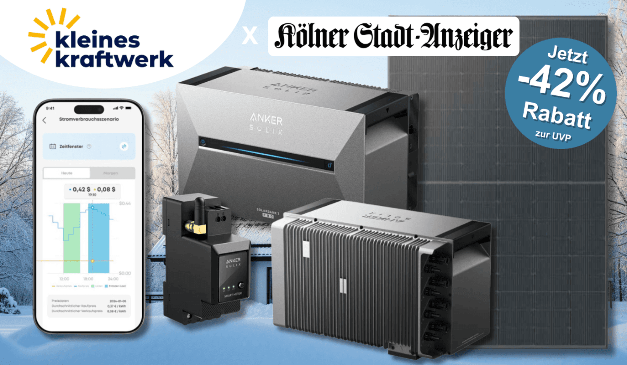 Kleines Kraftwerk Balkonkraftwerk XL 2000Wp Quattro mit optionaler Halterung und der Anker Solix Solarbank 3 E2700 Pro vor schwarzem Hintergrund.