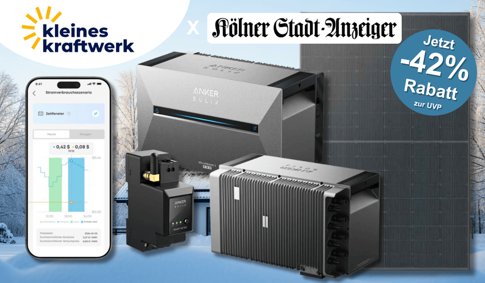 Kleines Kraftwerk Balkonkraftwerk XL 2000Wp Quattro mit optionaler Halterung und der Anker Solix Solarbank 3 E2700 Pro vor schwarzem Hintergrund.