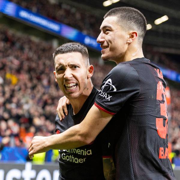LEVERKUSEN, GERMANY - DECEMBER 10: Alejandro Grimaldo Bayer 04 Leverkusen, 20 celebrates his goal with Ibrahim Maza Bayer 04 Leverkusen, 30 during the UEFA Champions League match between Bayer Leverkusen vs. Newcastle United on matchday 6 at BayArena on December 10, 2025 in Leverkusen, Germany. NRW Germany Copyright: xBEAUTIFULxSPORTS/Meuselx