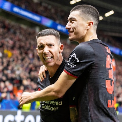 LEVERKUSEN, GERMANY - DECEMBER 10: Alejandro Grimaldo Bayer 04 Leverkusen, 20 celebrates his goal with Ibrahim Maza Bayer 04 Leverkusen, 30 during the UEFA Champions League match between Bayer Leverkusen vs. Newcastle United on matchday 6 at BayArena on December 10, 2025 in Leverkusen, Germany. NRW Germany Copyright: xBEAUTIFULxSPORTS/Meuselx