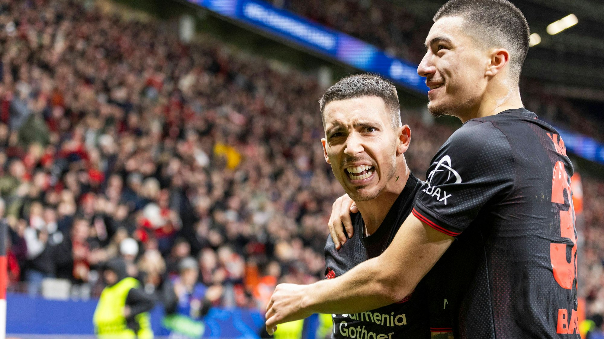 LEVERKUSEN, GERMANY - DECEMBER 10: Alejandro Grimaldo Bayer 04 Leverkusen, 20 celebrates his goal with Ibrahim Maza Bayer 04 Leverkusen, 30 during the UEFA Champions League match between Bayer Leverkusen vs. Newcastle United on matchday 6 at BayArena on December 10, 2025 in Leverkusen, Germany. NRW Germany Copyright: xBEAUTIFULxSPORTS/Meuselx