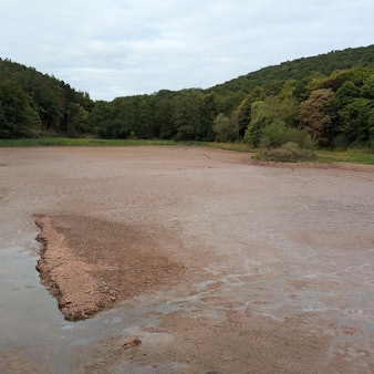 Das Wasser aus dem See ist abgeflossen, der Grund mit Schlamm bedeckt.