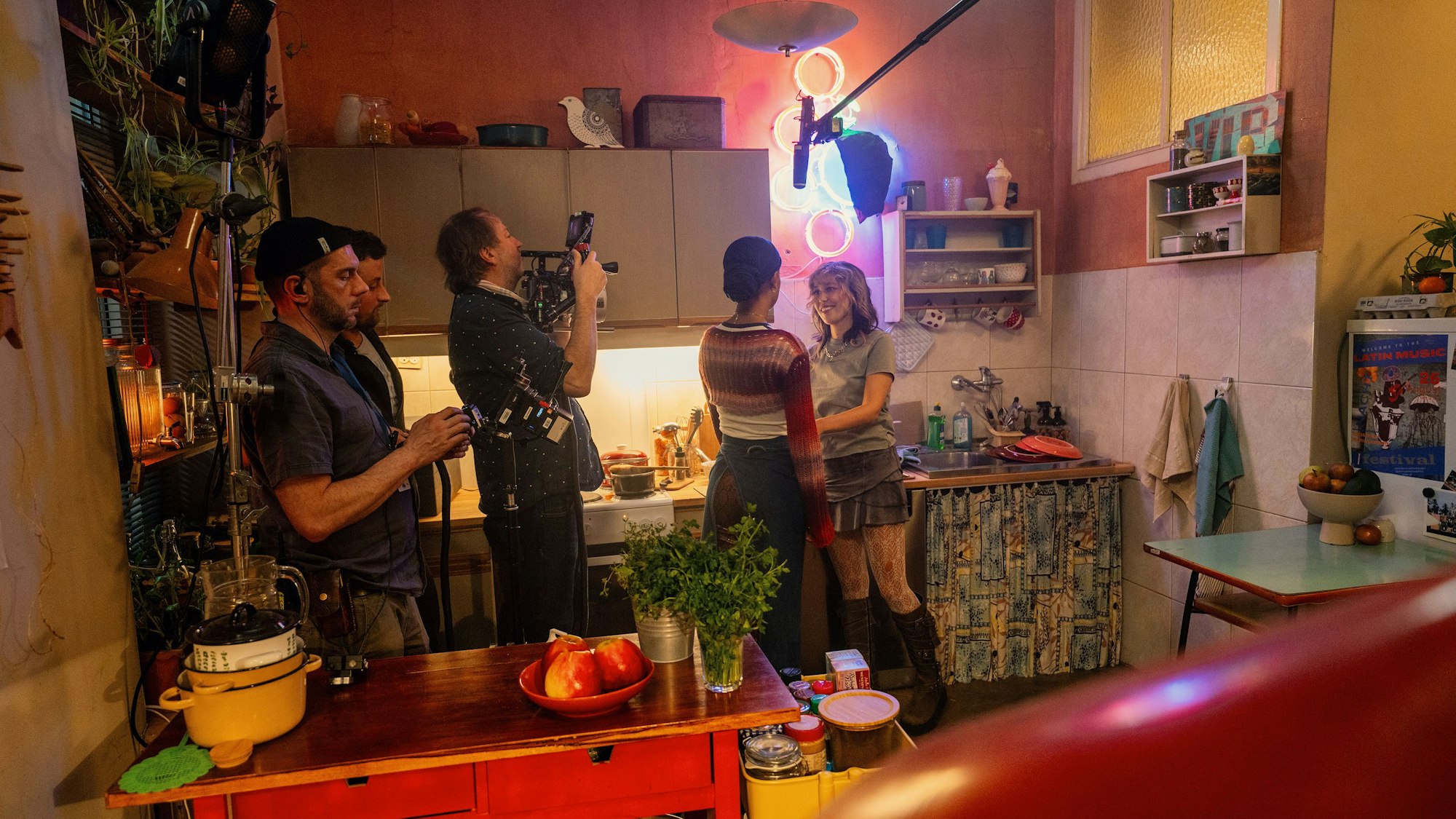 L-R: Behind-the-scenes with Cinematographer Marcus Kanter, Larissa Sirah Herden as Bea and Malaya Stern Takeda as Toni in Parallel Me, episode 4, streaming on Paramount+. Photo Credit: Krzysztof Wiktor/Paramount+
