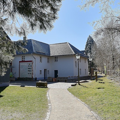 Das Bild zeigt Gebäude, die von Bäumen und Grünanlagen umgeben sind.