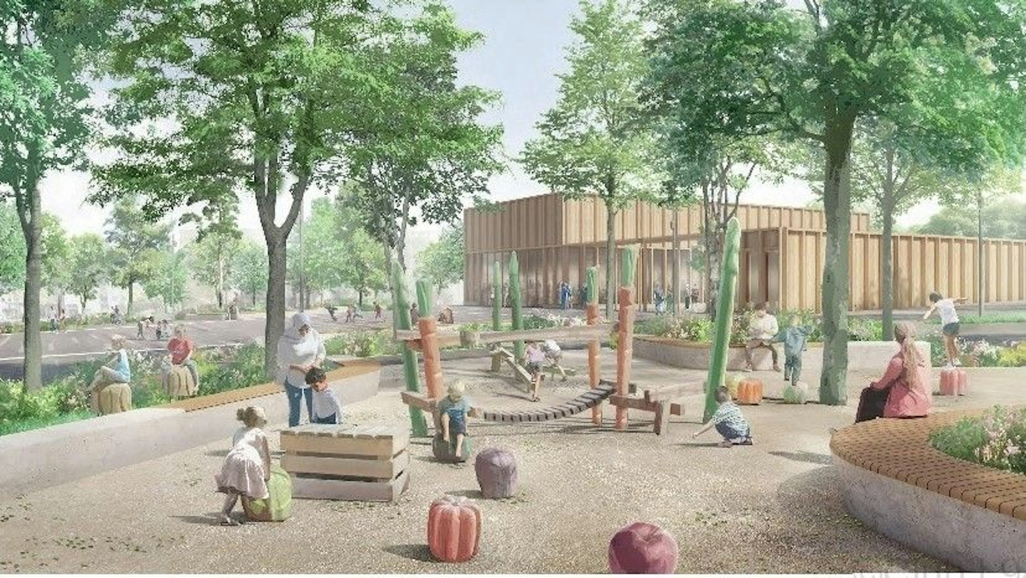 Für diesen ersten Entwurf des neuen Marktplatzes in Waldbröl hat sich der Stadtrat am Mittwochabend entschieden. Er stammt aus dem Kölner Planungsbüro Club L94 und zeigt den Spielplatz an der Markthalle (Ausschnitt).