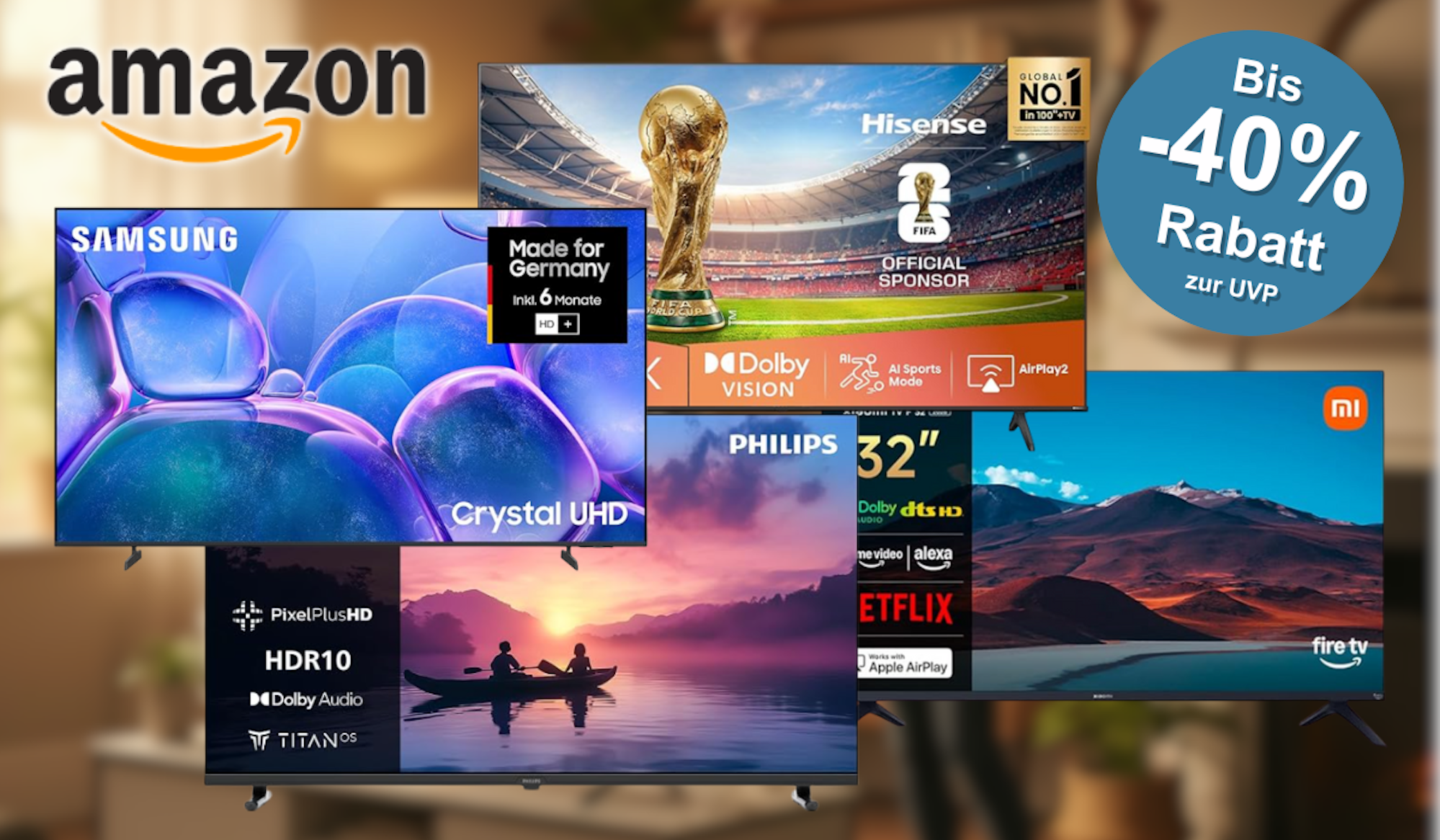 Ein moderner Fernseher steht in einem Wohnzimmer.